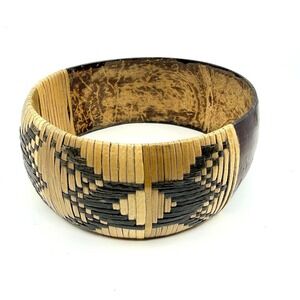 Vintage Woven Straw Coconut Shell Bangle Bracelet Chunky Statement Geometric Y2K